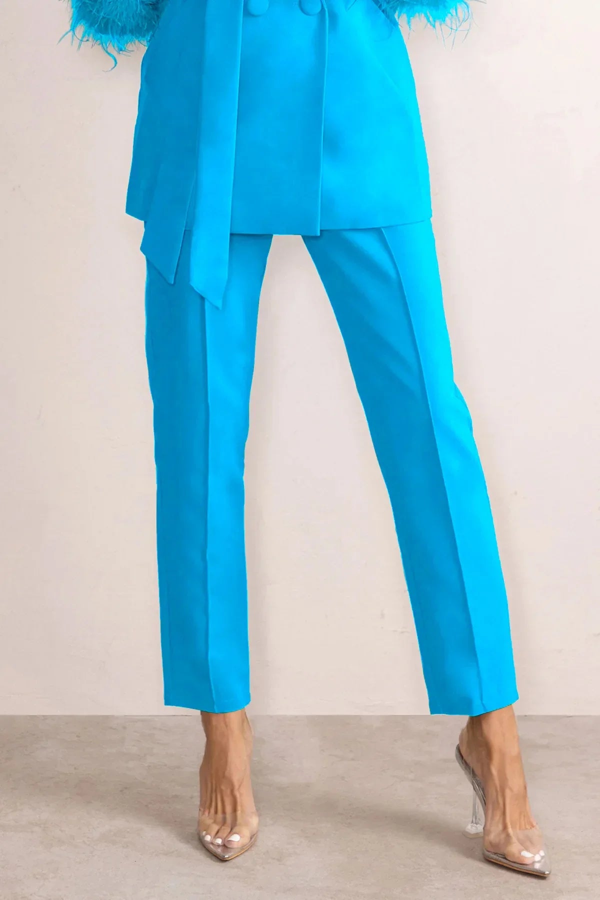 Elegant Women 2 Piece Set Solid Notched Neck Blazer Zipper Long Pants Feather Upright Coat Ladies Suit Fall Winter Office Wear