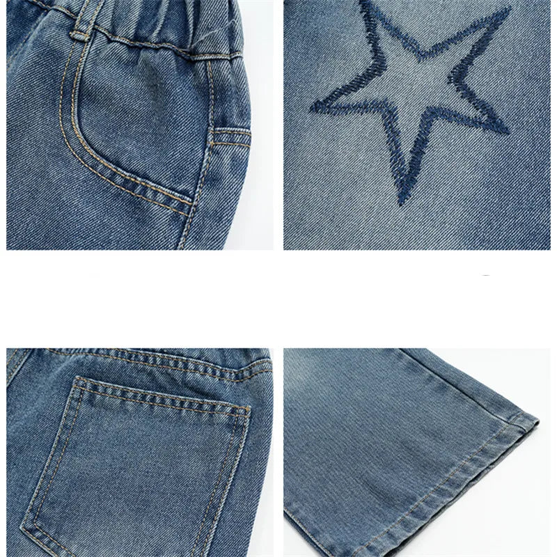 Jeans For Girl Spring Embroidery Star Pattern Wide Leg Denim Pants Kids Casual Style Children Loose Clothes 6 8 9 10 12 14 Years