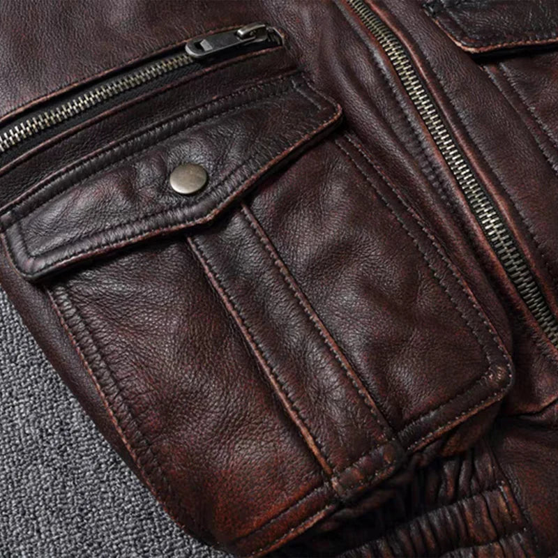 New Men's Genuine Leather Jacket Vintage Stone Milled Top Layer Cowhide Bomber Jacket A2 Brown Men's Calfskin Motorcycle Jacket