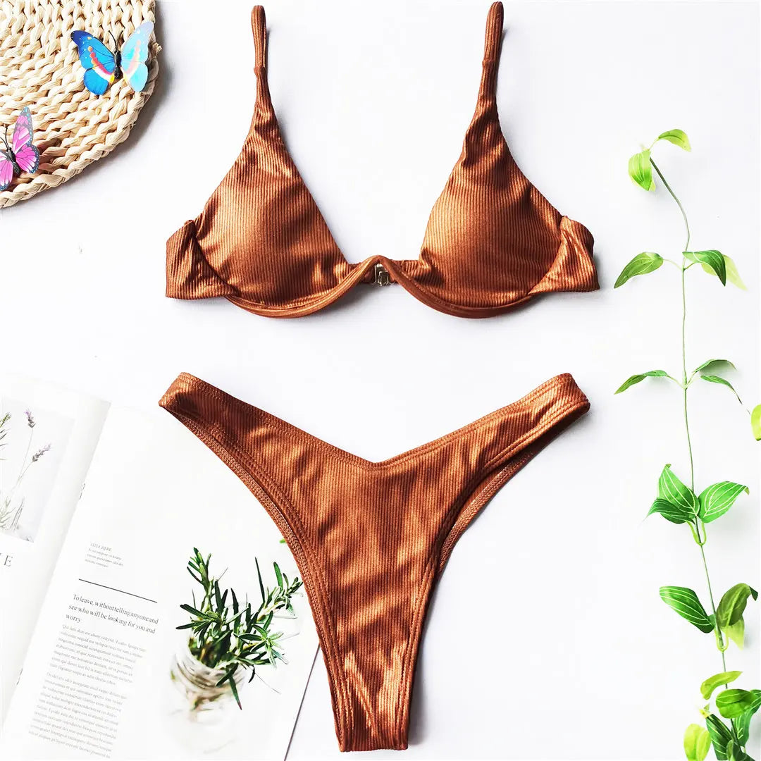V-bar Bügel Bikini S-XL Damen Schwimmanzug Underwire-Technologie Low Waist Zweiteilig V-Form Bügel Polyester Spandex