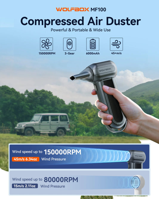 Druckluft-Reiniger 2025: WOLFBOX MF100 Compressed Air Duster 150000RPM Super Power Electric Rechargeable Collection
