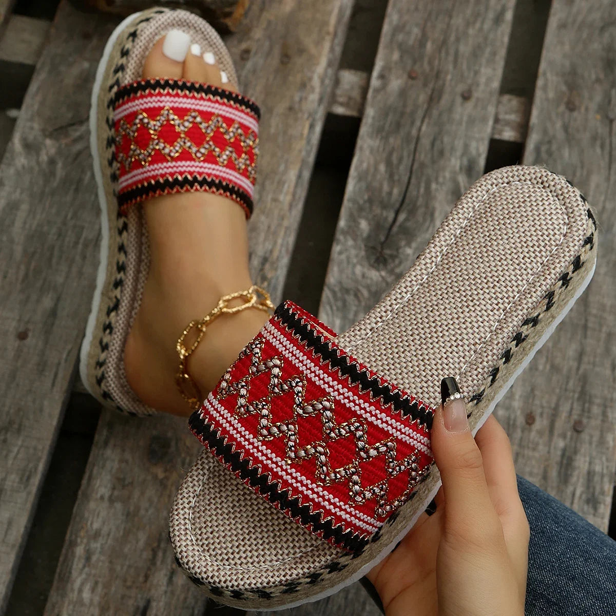 Gewebte Damen Pantoletten Platform - Sommer Schuhe für Damen 2025 Neu - Strand Casual Absatz Sandalen Bohemian Handgemacht Espadrilles