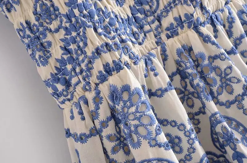 Blue Floral Embroidey Summer Beach Dress Women Casual Holiday Bohemian Dress Boho Sundress Maxi Long Vestidos Fashion Clothes