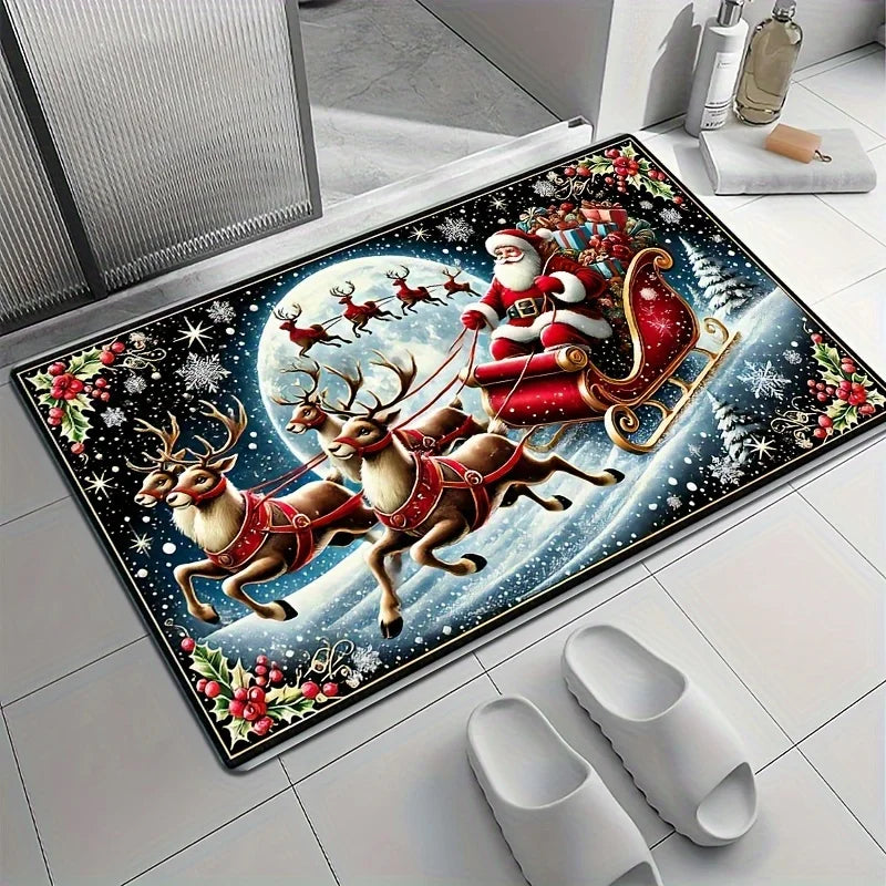 1PC Christmas Decorations Santa Claus and Reindeer Mat Mat Suitable for Home Entrance, Kitchen, Living Room, Bedroom