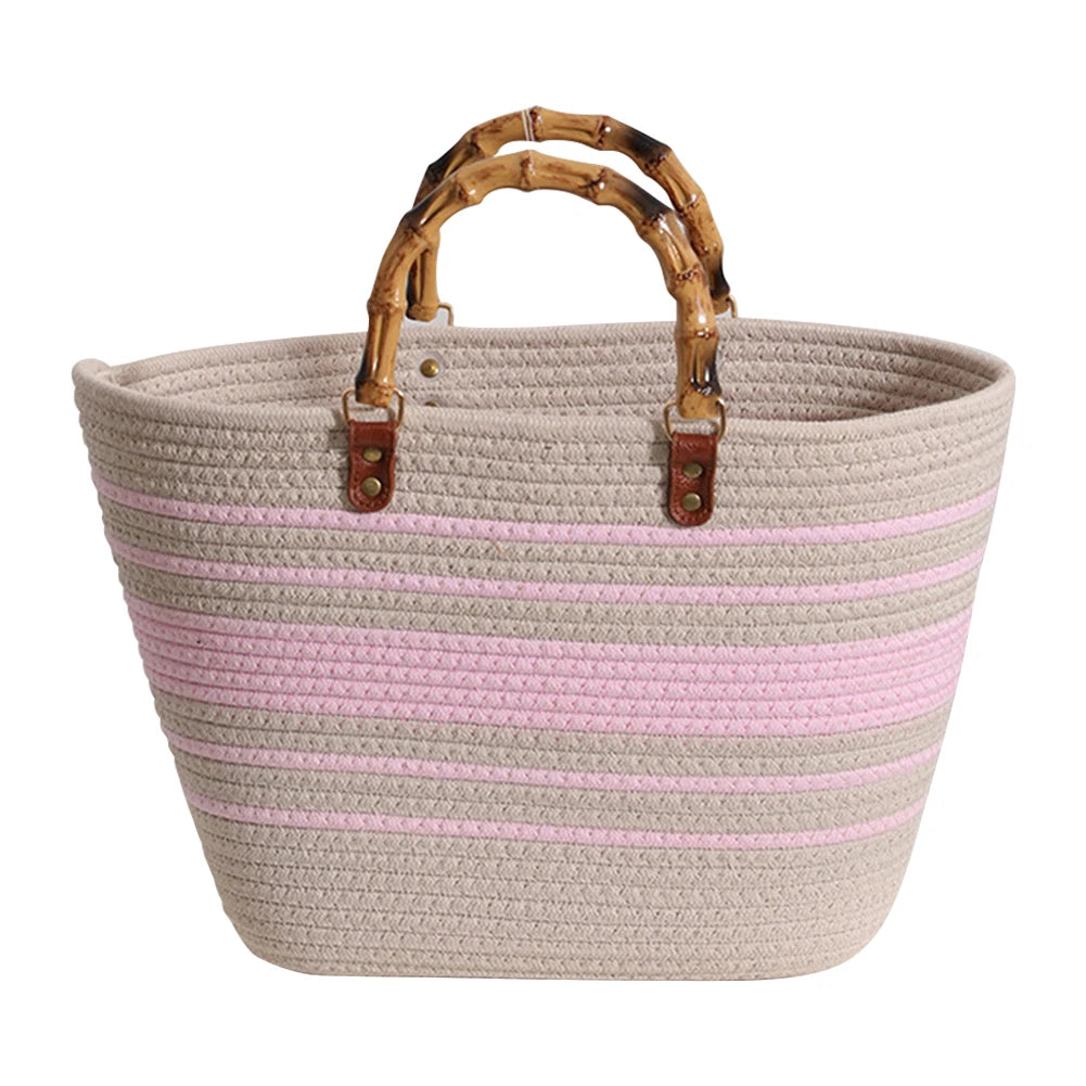 Beach Vacation Bags Bamboo Handle Women Weaving Bag Large Capacity Striped Portable Casual Fashion Exquisite for Seaside Party