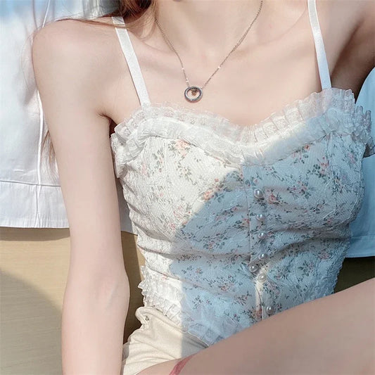 Camisole 2025: Lace Flower Print Cami Crop Tank Tops Summer Camisole - Women's Tube Top Elegant Slim Short Tanks Vest Sexy Y2k Pearl Collection