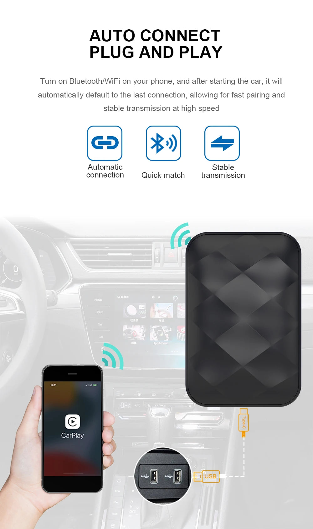 Acodo 3In1 CarPlay AI Box - 32GB 5V Strom Kompakt USB