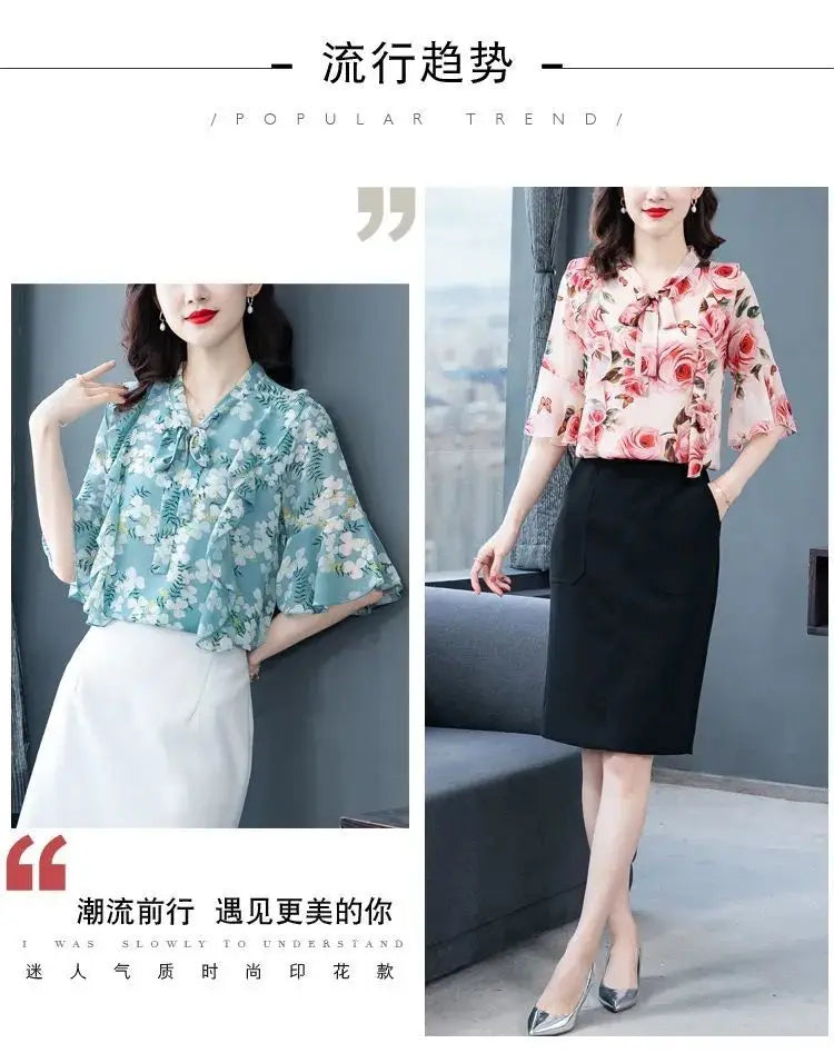 Elegant Fashion Floral Printed Bow Drawstring Chiffon Shirt Summer 2023 V-Neck Three Quarter Sleeve Slim Blouse Women's Clothing