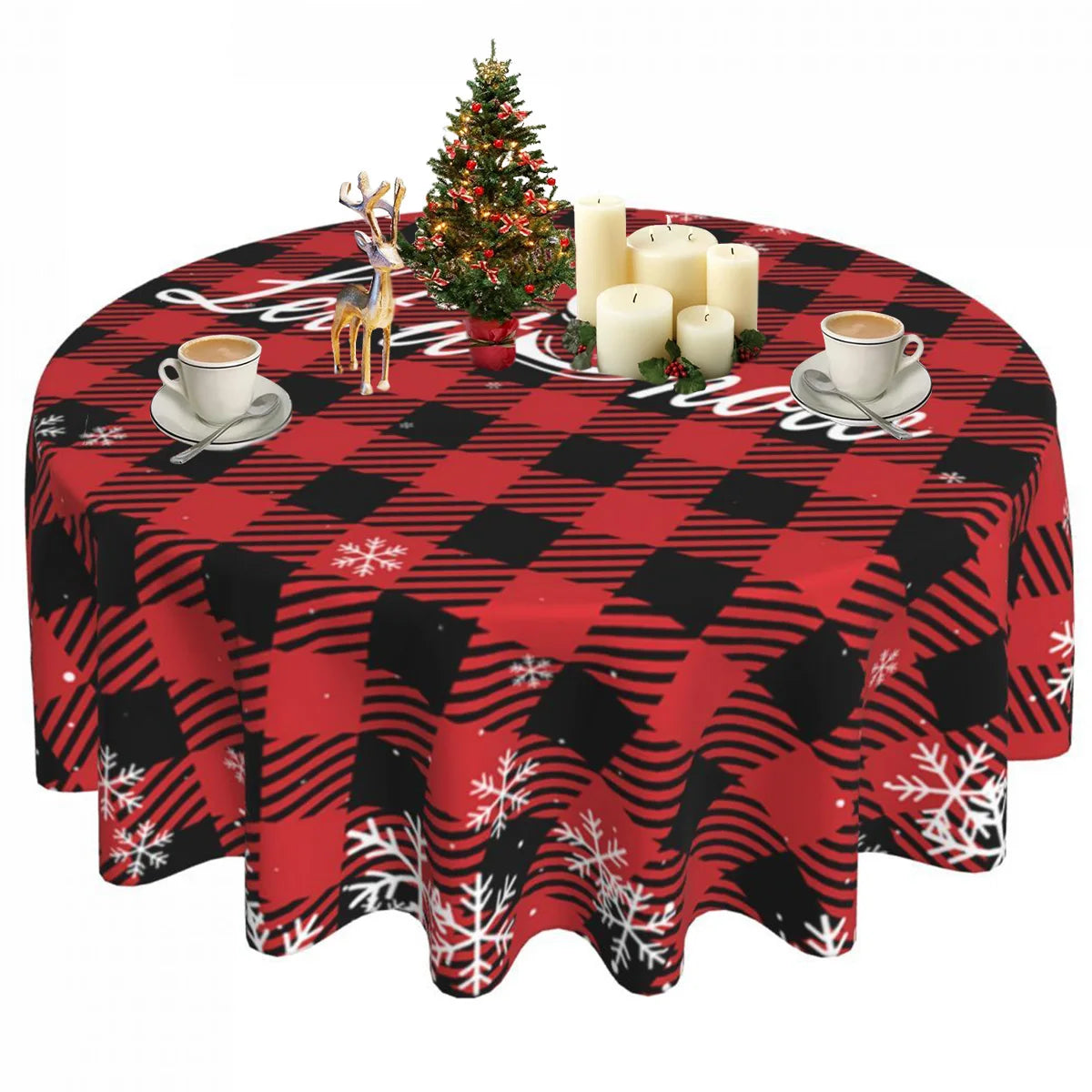 Christmas Tablecloth Black Merry Christmas Round Table Cloth Christmas Elk and Presents Table Cover Fabric Home Decoration Gift