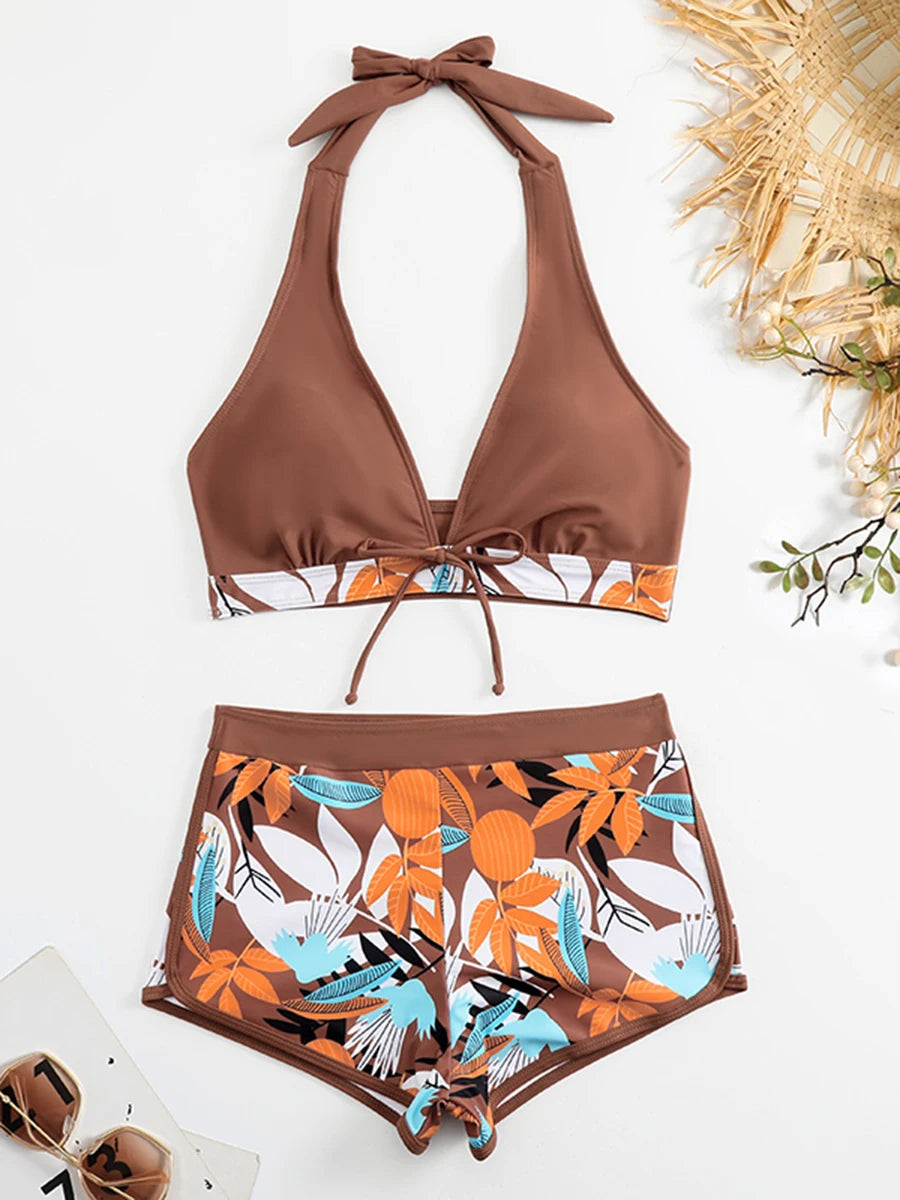 Halter Bikini Set Kurzer Schwimmanzug Frauen High Waist Bedruckte Bademode