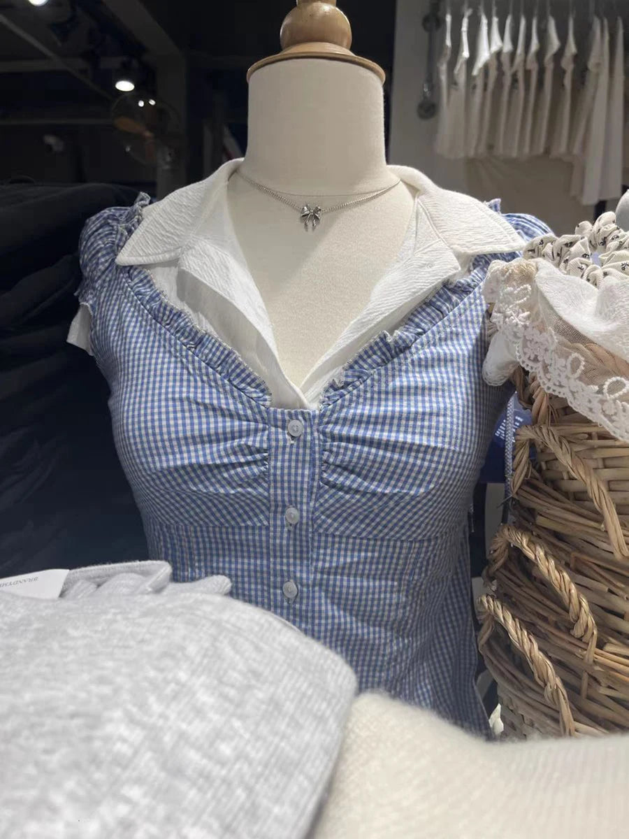 Blue Plaid Ruffles T-shirt Women Summer Folds V-neck Single Breasted Short Sleeve Tee Shirts Sweet Girls Cotton Slim Crop Top