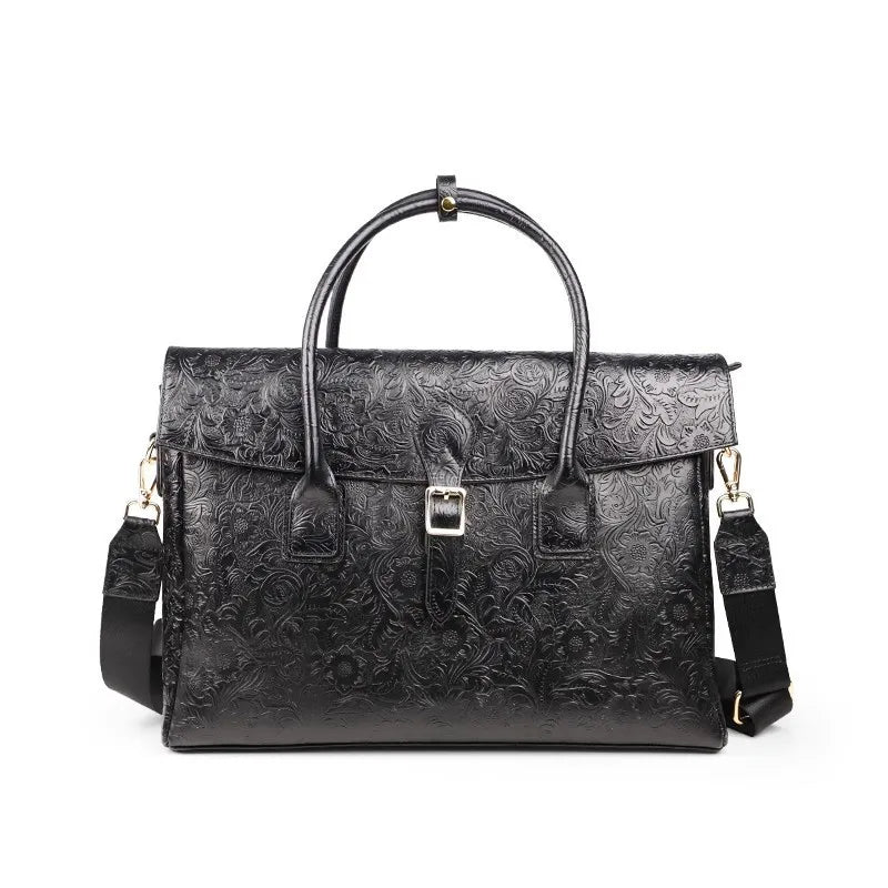 Vintage flower carved leather bag  single shoulder briefcase & business satchel