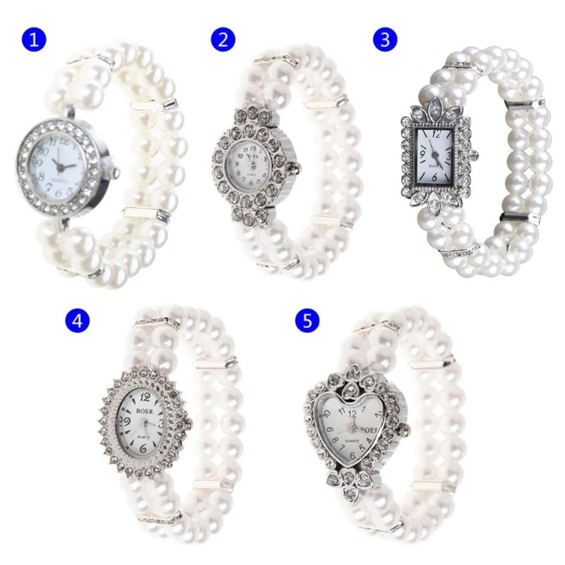 Frauen Uhr Simulierte Perlen Strass Luxus Mode Elegant Handgelenk Band Armband Schmuck Geschenke Dame Elastisch Universal Charms