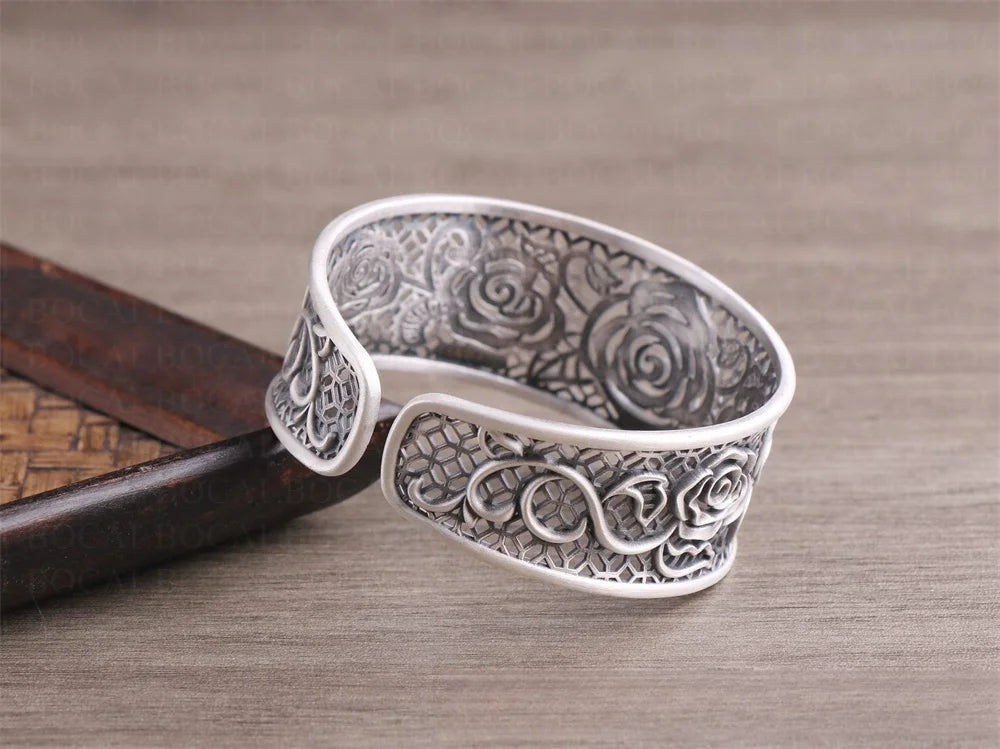 Handcrafted s999 sterling silver rose filigree bangle wide bracelet unique artisan design