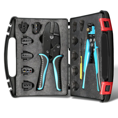 Crimpzangen-Set mit 6 austauschbaren Backen, automatischer Abisolierer für Querschnittsflächen von 0,25 - 10 mm² / 24 - 8 AWG