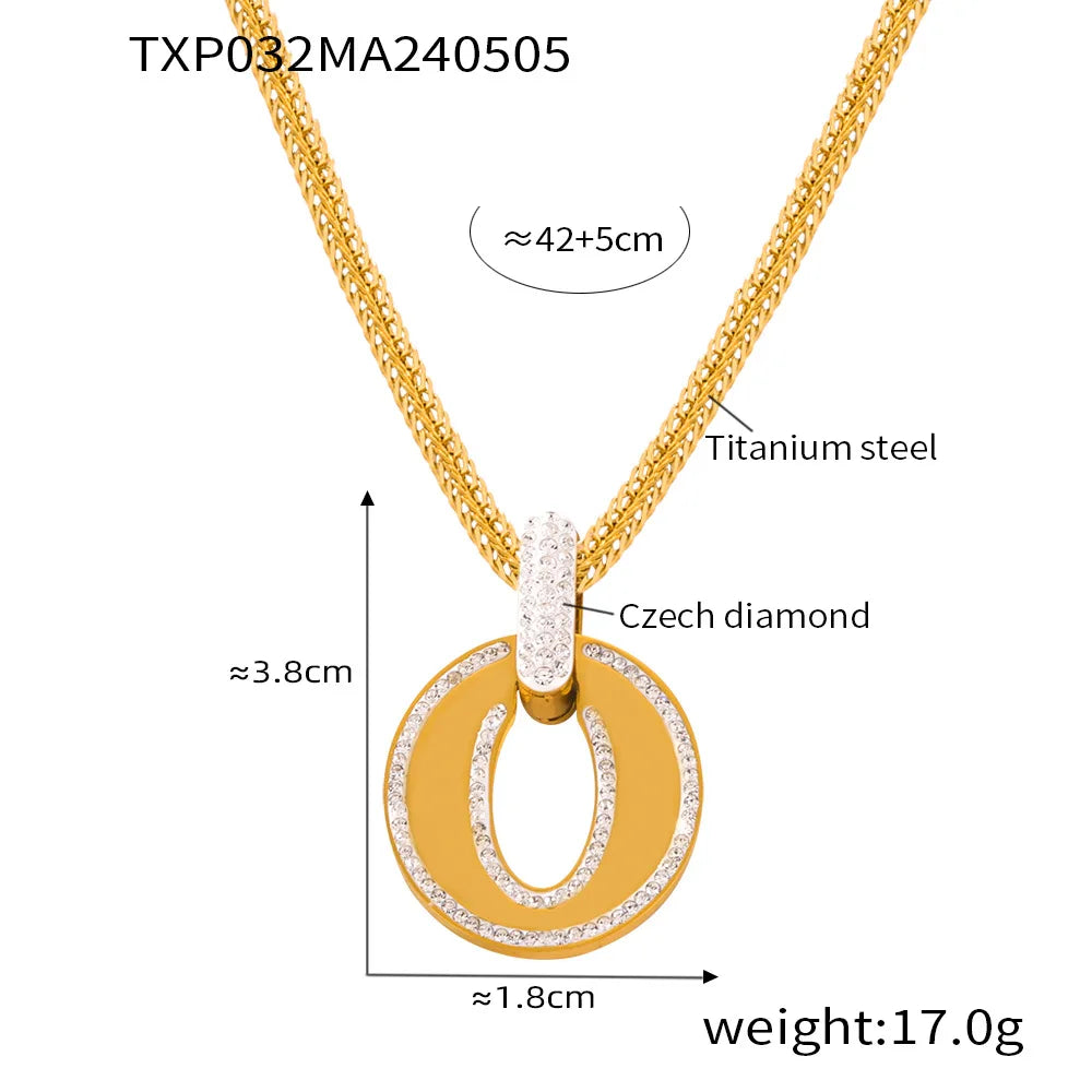 Luxus Strass Runder Anhänger Halskette - Edelstahl Goldplattiert Armband Schmuck Set - Damen Hochzeit Accessoires