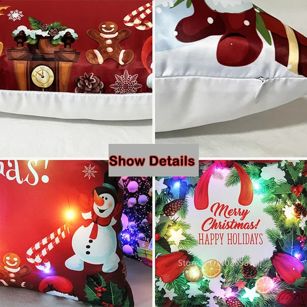 Christmas Pillowcase Decorations Home Cushion Cover LED Light 45x45cm Xmas Pillow Cover for Bedroom & Living Room Party Decor
