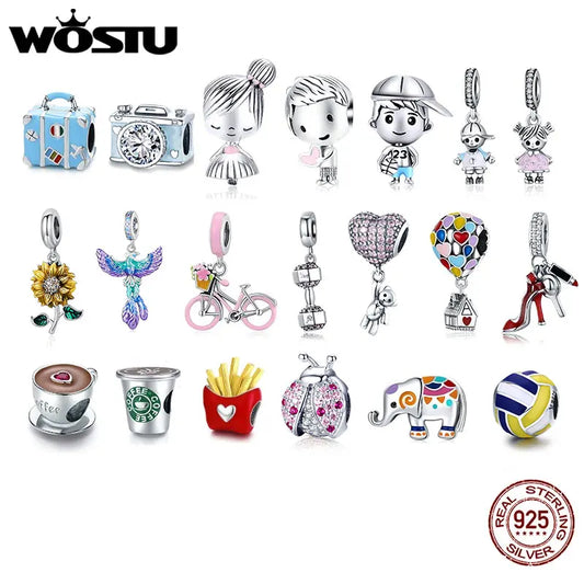 Sterling Silber Anhänger: WOSTU 925 DIY Armband Charms AAA Cubic Zirkonia - Haustier Kamera Biene Kaffee Marienkäfer Perlen Original 1.9g