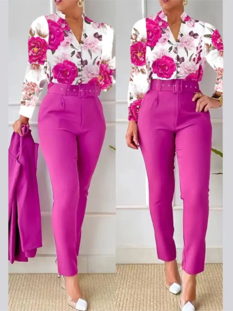 Elegant Women Shirt Two Piece Set Suits Fall New Fashion Print Long Sleeve Top Black Pants Set With Belt Blouses Female Clothing