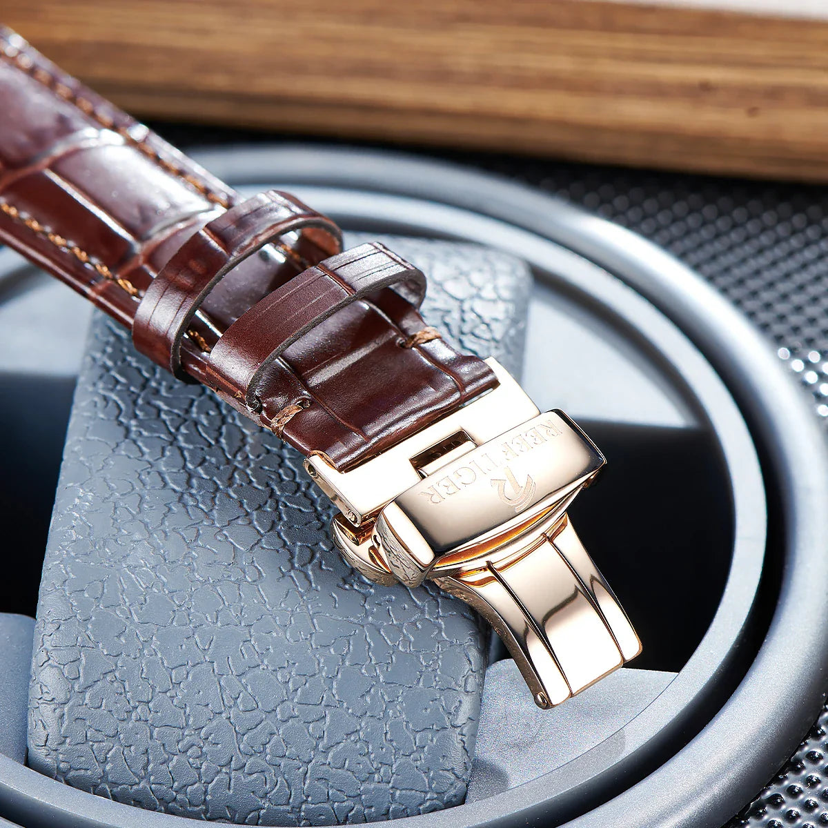 Reef tiger automatic watch rose gold pixiu dial diamond bezel leather strap