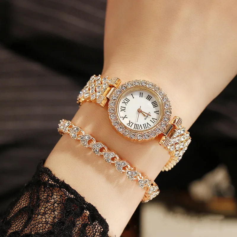 Luxus Damen Glänzende Armbanduhren 2-teiliges Set - Roségold Uhr Mode Damen Elegante Quarz Diamant Armbanduhr