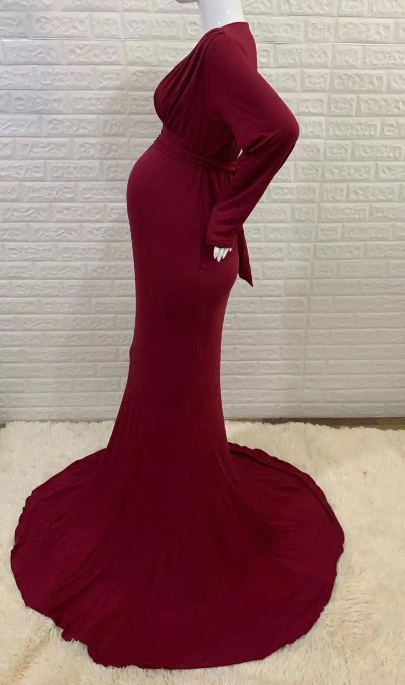 Women's Spring Autumn Maternity Dress Elegant Slim V-Neck Long Sleeve Mermaid Maxi Gowns for Photography Baby Shower Photoshoot