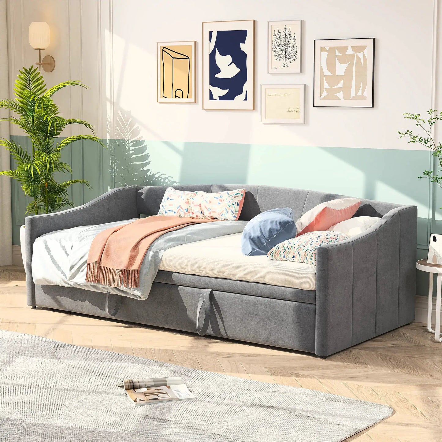 Schlafsofa Ausziehbar Mit Samtbezug Und Rückenlehne Grau