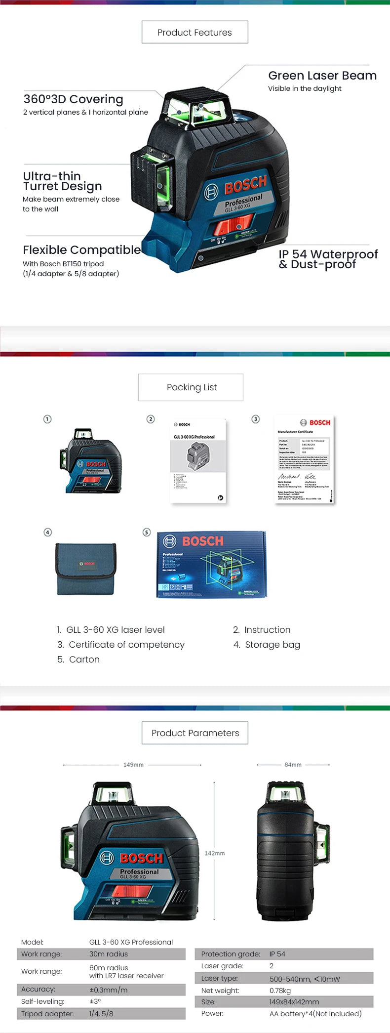 Bosch GLL 3-60 XG Laser Level 12 Lines Green 3D Level Self-Leveling 360 Horizontal & Vertical Cross 30m Powerful Measuring Tool