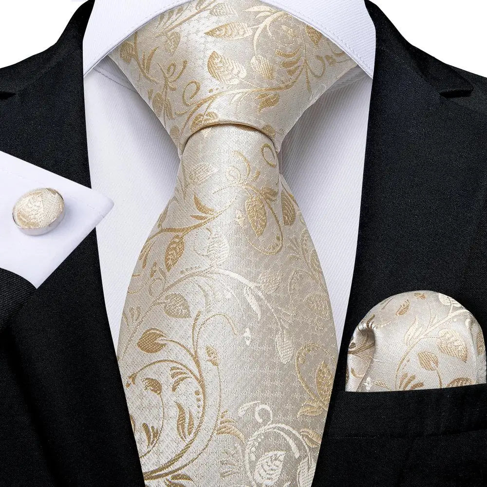 Hi-Tie Seiden-Herren-Krawatten-Set Blumenmuster Gelb Gold Krawatten und Taschentücher Manschettenknöpfe-Set Herren-Hochzeits-Party-Anzug-Mode-Halskrawatte C-3053
