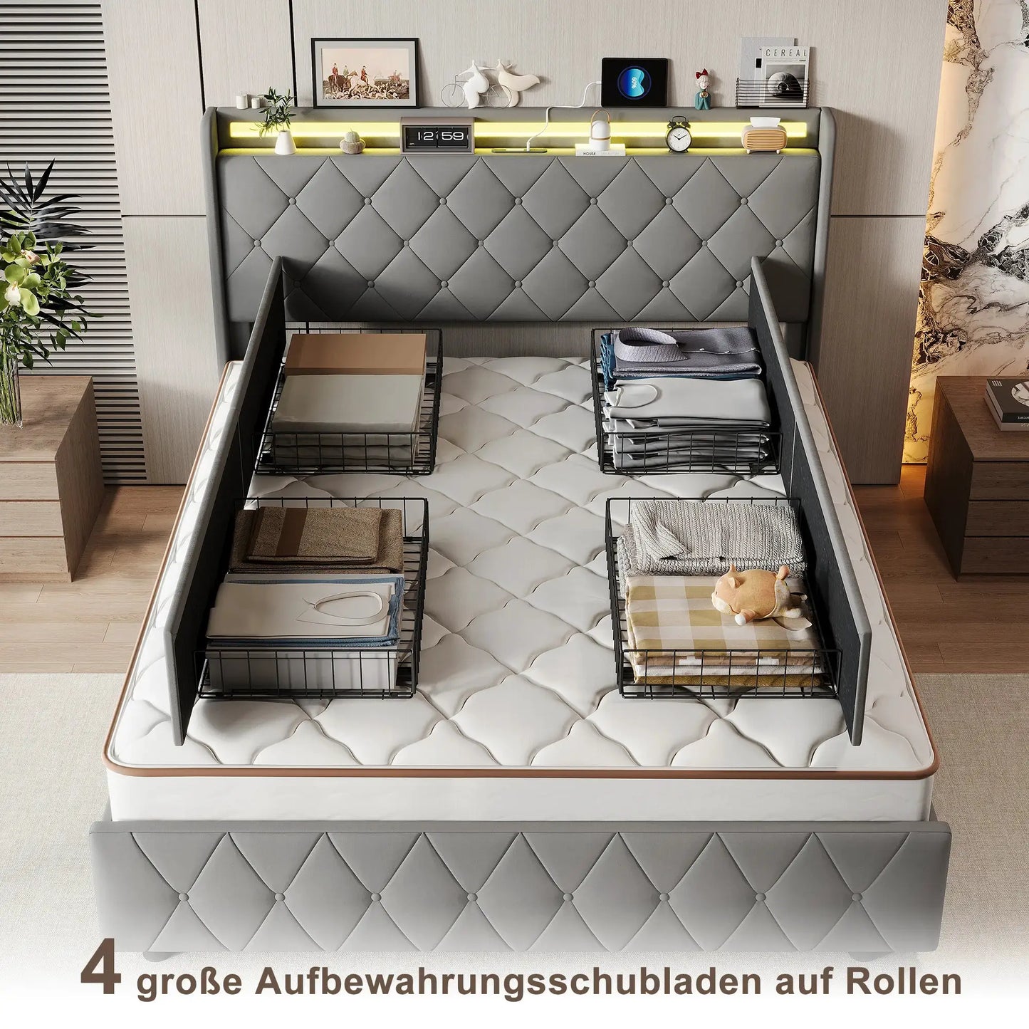 Gepolstertes Bett LED Beleuchtung USB Ladeanschluss Vier Schubladen