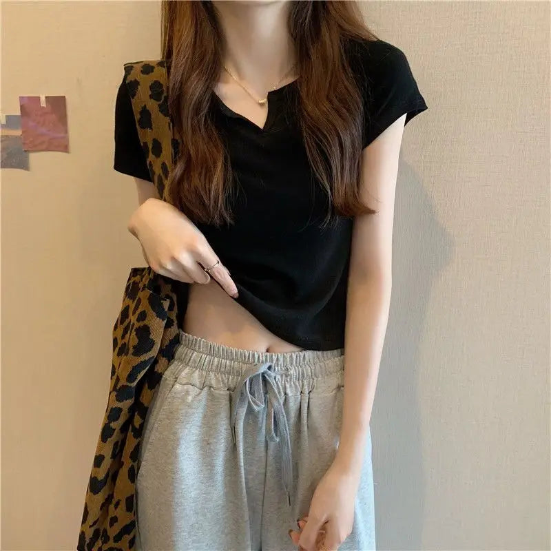 Damen Crop Top 2025 - Summer Short T-shirt V-neck Solid Color Slim High Waist