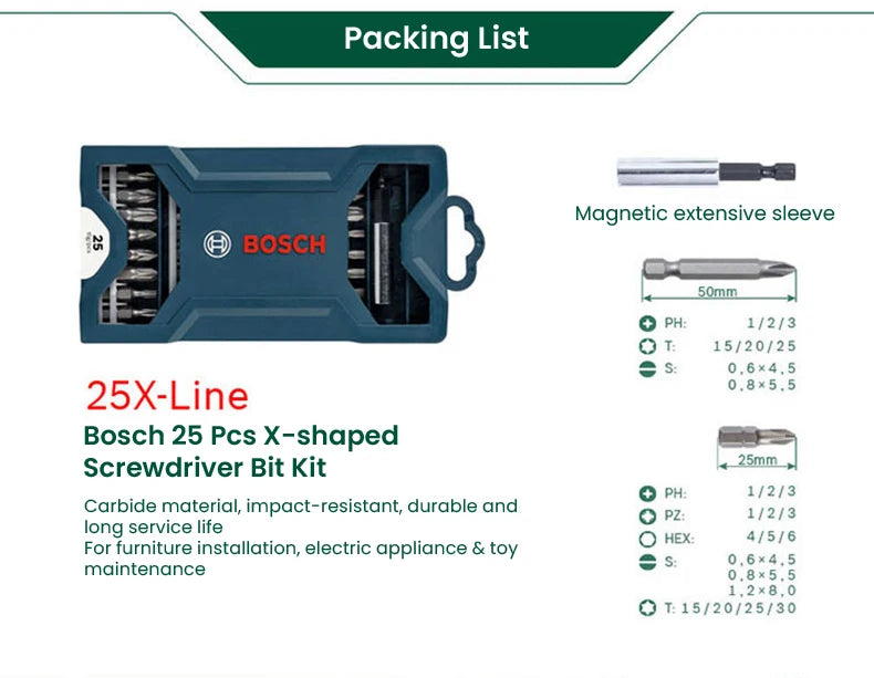 Bosch Twist Drill Combination Metal Drill Bit Woodworking Drill Bit Power Tools Screwdriver Head Mixed Set 7/15/25/33Pcs Accesso