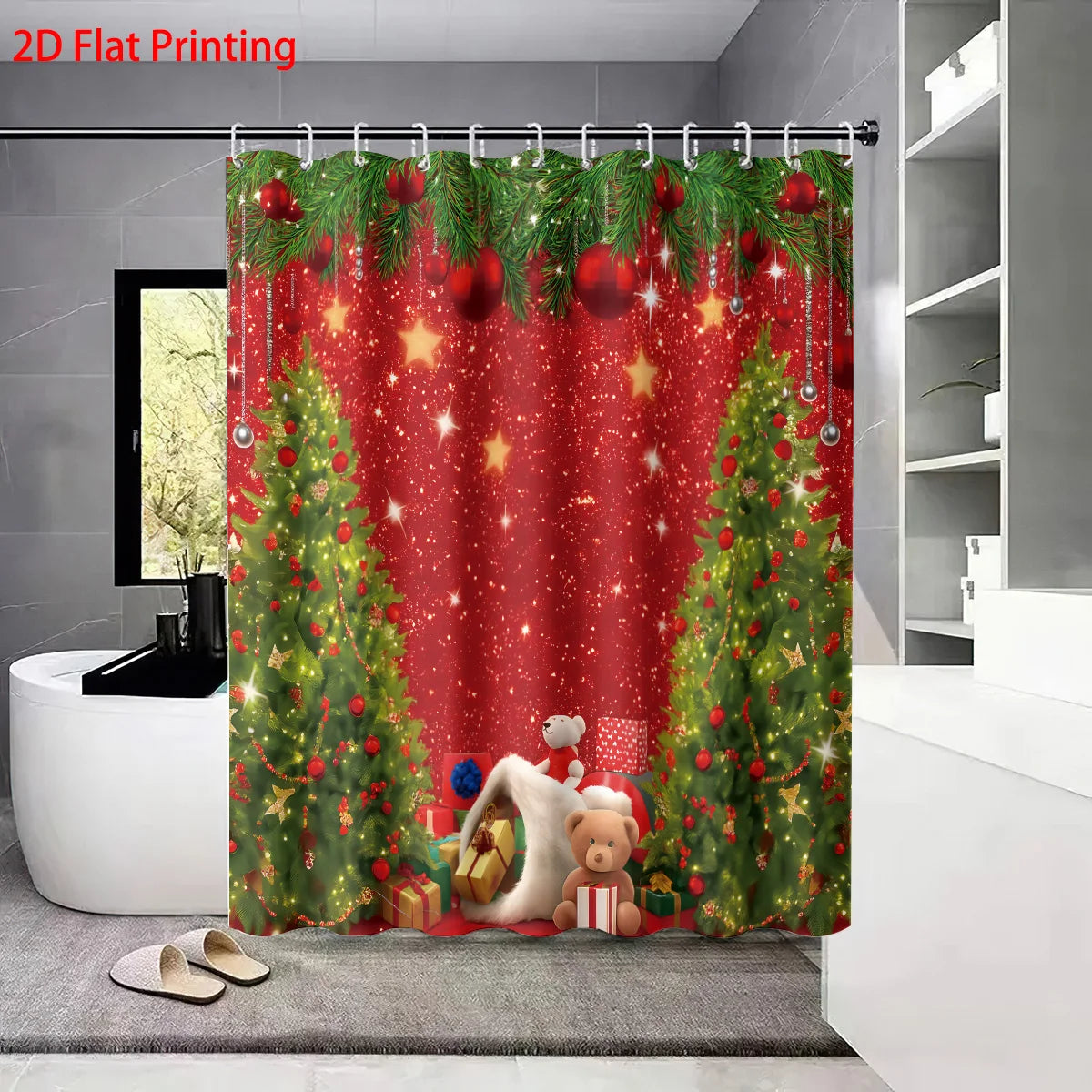 4pcs Merry Christmas Christmas Tree Printed Bathroom Set 180x180 Waterproof Shower Curtain, Floor Mat, U-shaped Mat, Toilet Mat