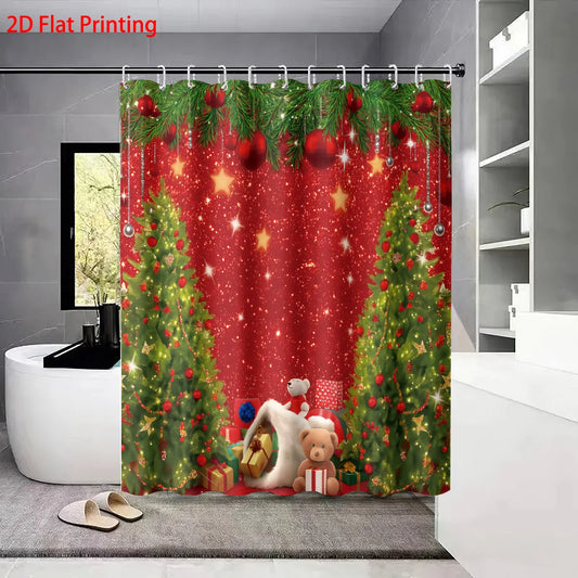 4pcs Merry Christmas Christmas Tree Printed Bathroom Set 180x180 Waterproof Shower Curtain, Floor Mat, U-shaped Mat, Toilet Mat
