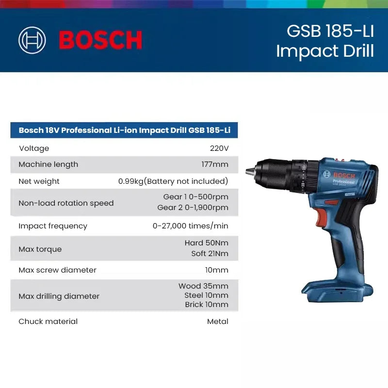 Bosch GSB 185 Li Cordless Impact Drill 3 In 1 Multifunctional 50Nm Electric Screwdriver Brushless Hammer Drilling Pro Power Tool