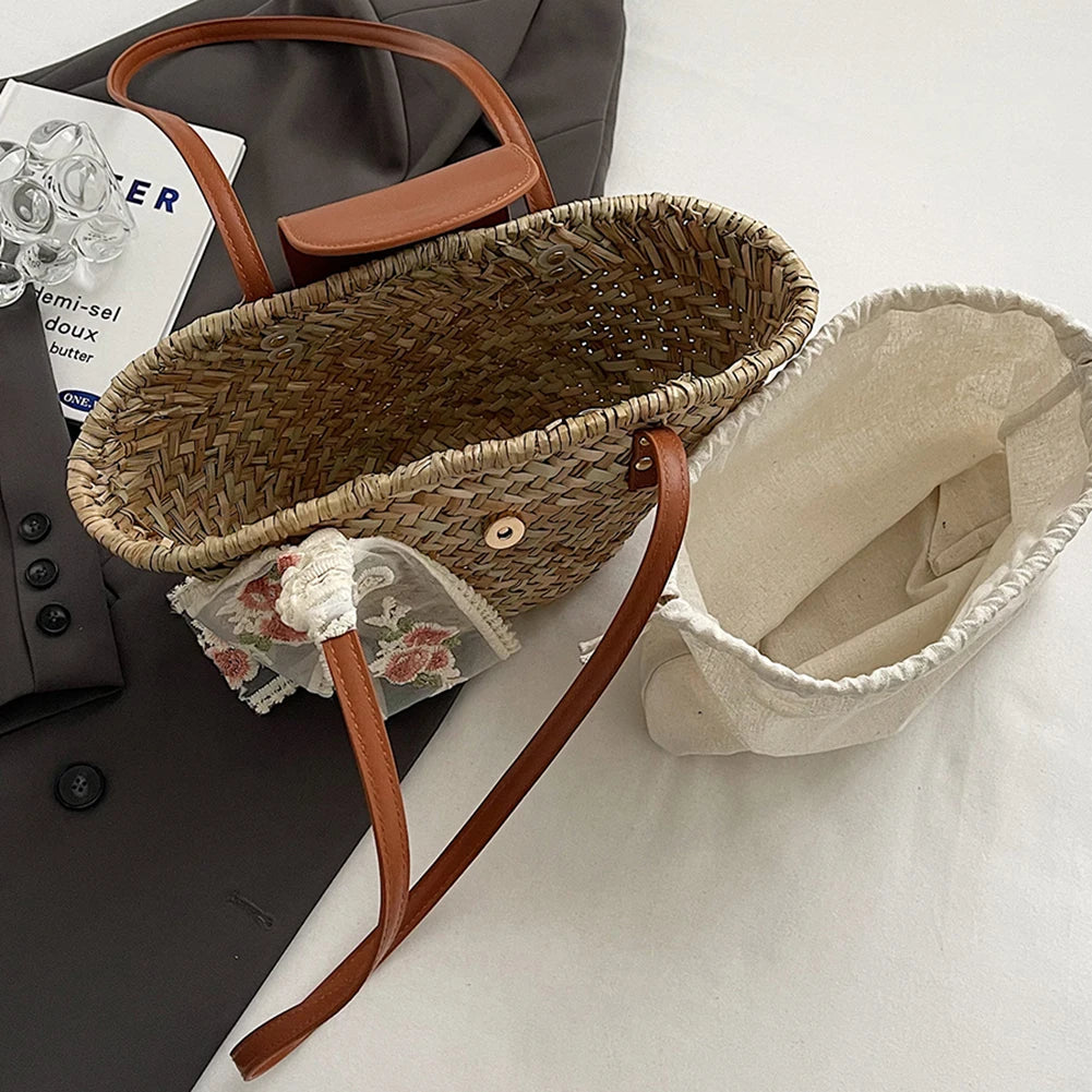 Women Straw Woven Tote Bag Summer Beach Bags Large Capacity Tote Clutch Bags with Ribbon Chic Hobo Bag for Party Vacation