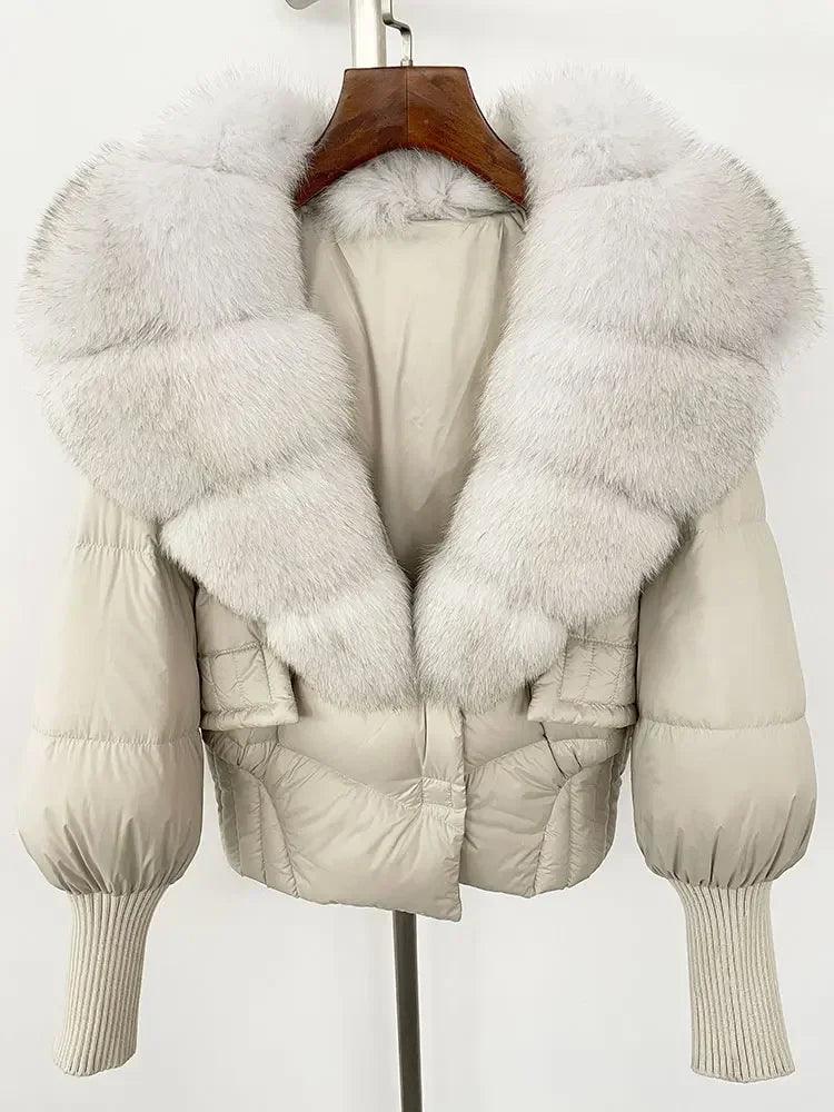 Winter girls jacket with real raccoon fox fur loose fit coat