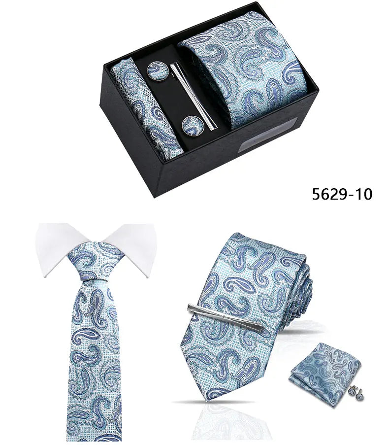 Elegant Men's Suit Necktie Gift Box Set Floral Tie Handchief Cufflinks Tie Clip 4-Piece Business Wedding Party Suit Accessories