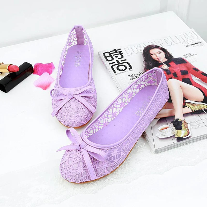 Damen Ballerinas mit Schleife - Flache Slip-On Schuhe - Cut-Out Design Atmungsaktive Casual Flats