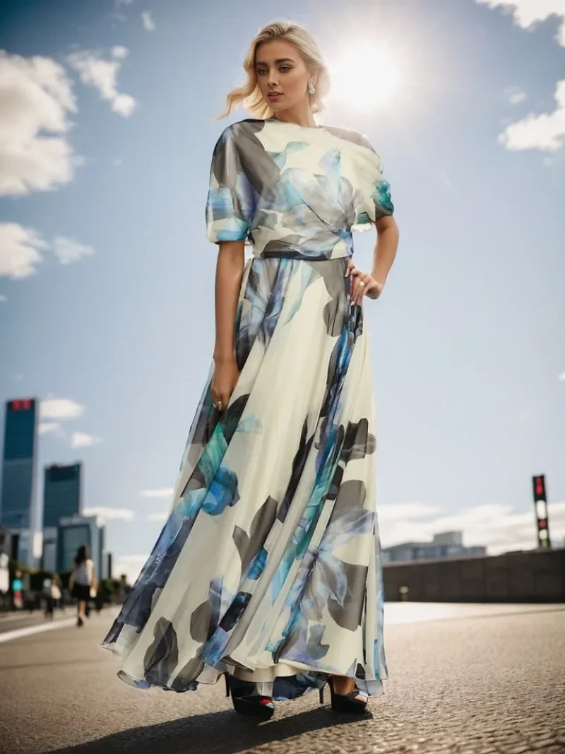 Elegant Women Bohemian Dress Y2K Chic Clothes Sexy Fashion One Shoulder Short Sleeve High Waist Pleated Vacation Long Dress