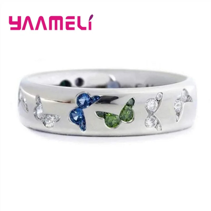 Inele de nuntă colorate cu fluture, placate cu argint 925, pentru femei, elegante, multicolore, cu zirconiu, bijuterii, cadou pentru fete