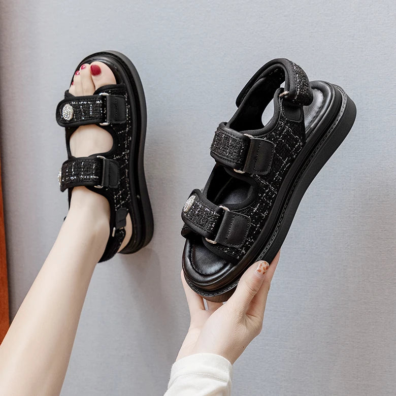 Luxury Woman Sandals Ladies Elegant Medium Heel Women's Shoes Flats Summer Platform Sandals Women 2025 New Designer Shoes Girls