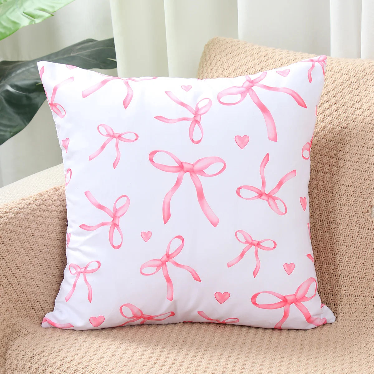 4pcs Pink Bow Cherry Pattern Printed Pillowcase Birthday Cushion Cover Sofa Cushion Cover Pink Bow Party Decoration Supplies
