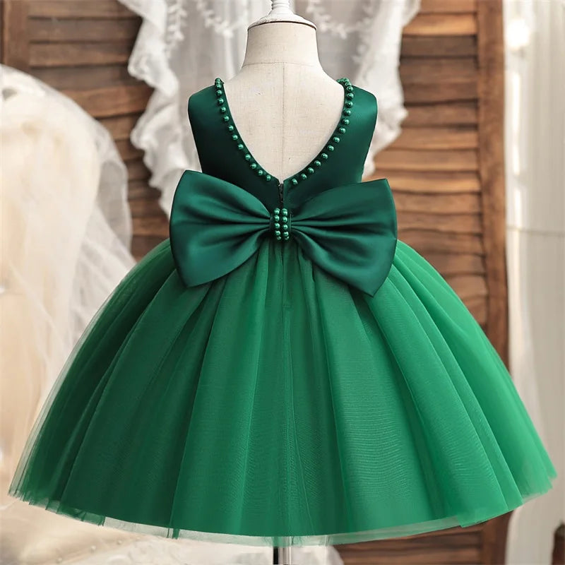 Baby Mädchen Kleid Große Schleife Perlen Rückenfrei 1. Geburtstag Party Kleid Säugling Mädchen Prinzessin Hochzeit Tüll Kleid Taufe Kleid 1-5J