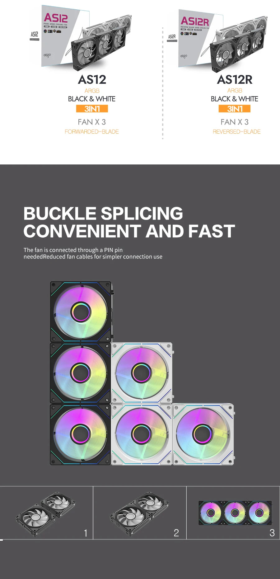 Aigo AS12 ARGB Lüfter - 120mm 800-2000RPM 4.2W PC Kühlung