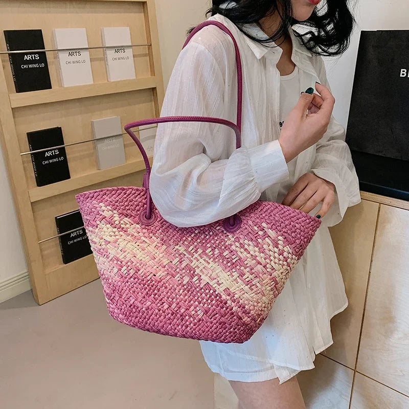Summer Seaside Beach Bag Hand-woven Large Capacity Straw Tote Bag Gradient Color Design Women 's Travel  Vacation Shoulder Bag