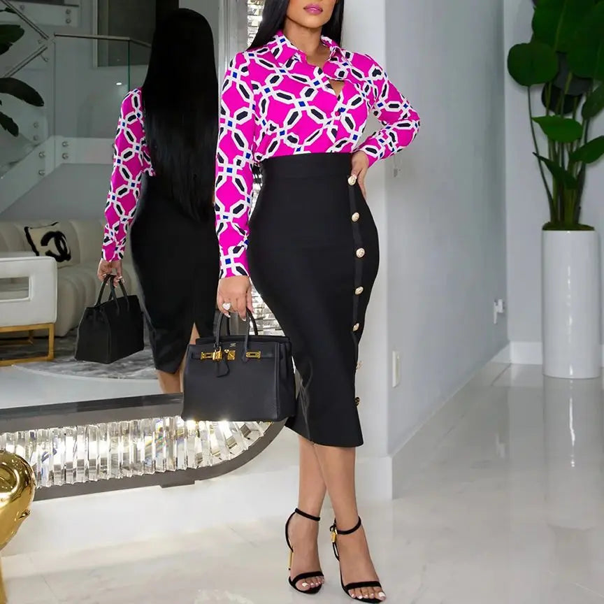 Elegant 2 Piece Set Women OL Outfits Fashion Business Long Sleeve Print Blouse Shirt High Waist Bodycon Skirt Sexy Office Work