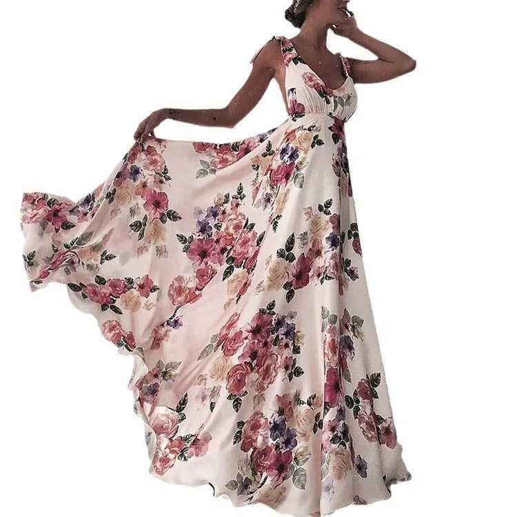 Backless women floral high waist large swing sleeveless long dresse
