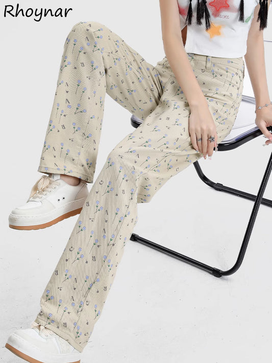 Damen Jeans 2025 - Washed High Waist Floral Printing Straight Preppy Style Sweet