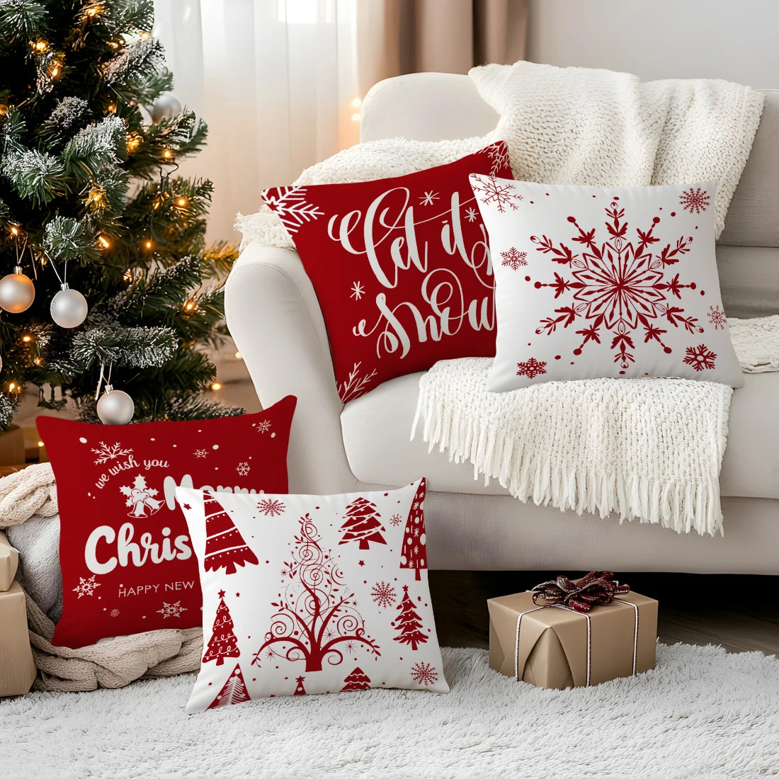 Red Christmas Decoration Pillowcase Printed Polyester 40/45/50cm Throw Pillowcover Decorative Sofa Cushion Pillowslip Home Decor